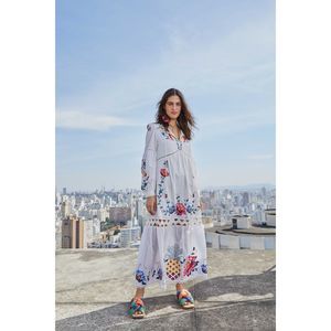 sand renata floral long sleeve midi dress Farm Rio Renata Floral Midi Dress - Renata Floral Sand